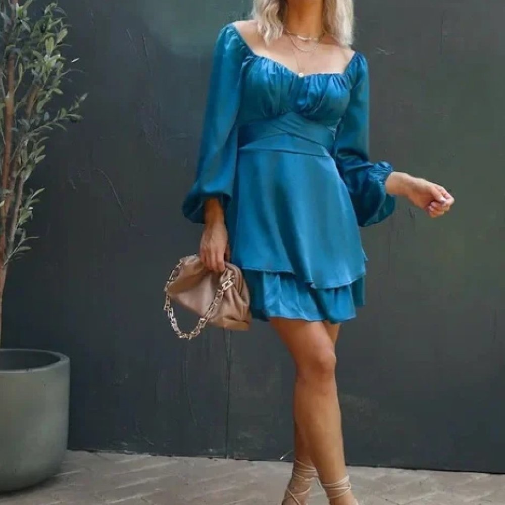 Vici Collection Own The Night Satin Tiered Mini Dress Teal, Medium, Lined, NWOT